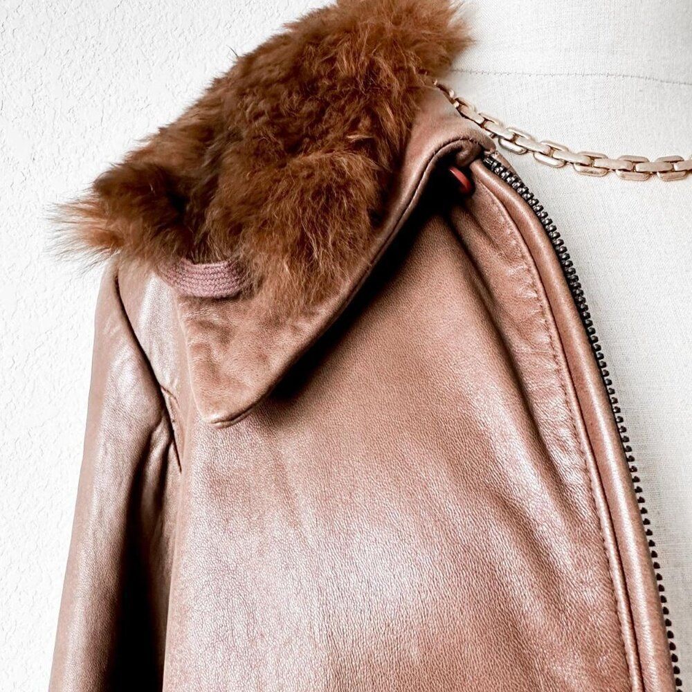 Vintage Y2K Brown Rabbit Fur Genuine Leather Moto Jacket Coat Size L - Picture 6 of 8